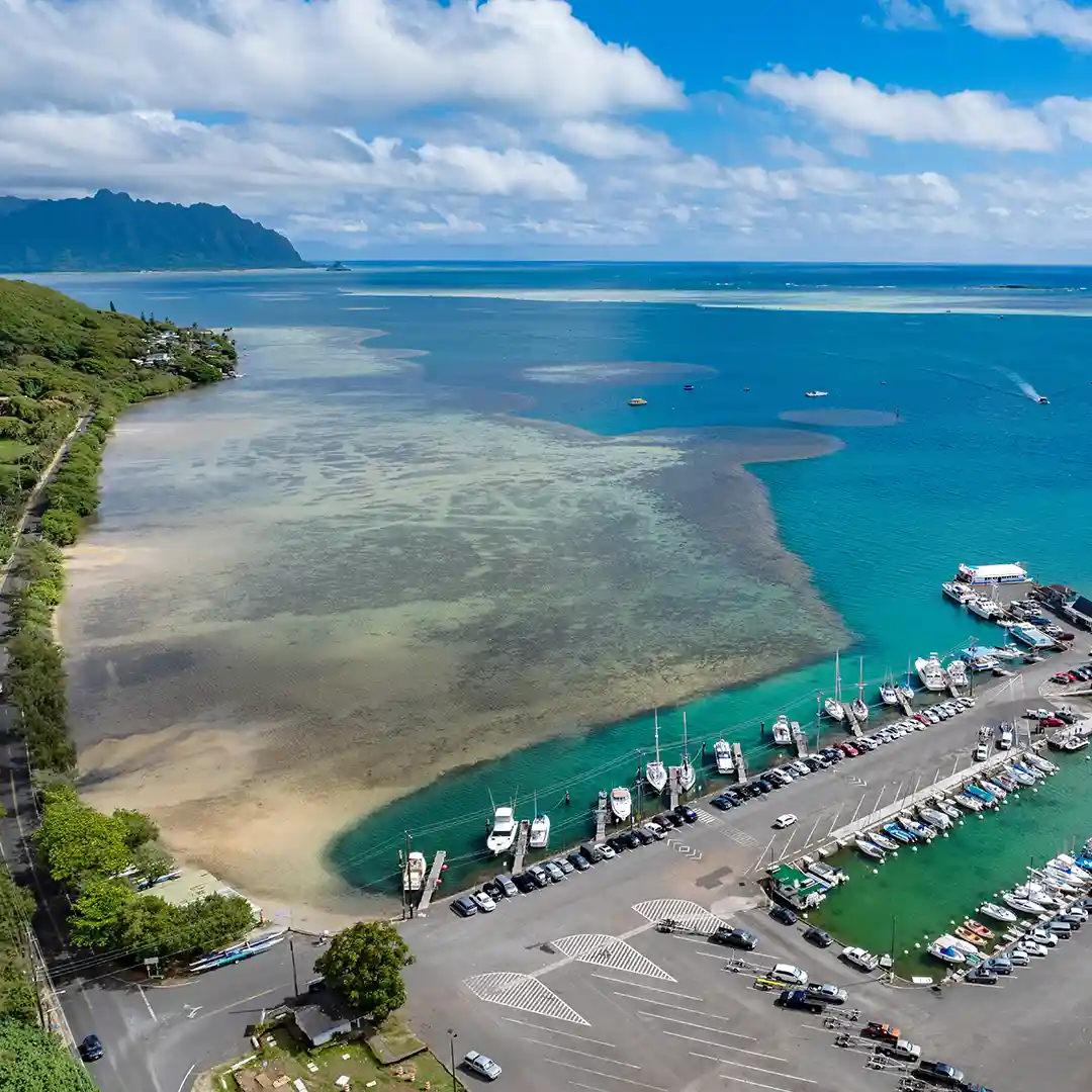 キャプテンブルースの天国の海ツアーは、オアフ島カネオヘのヘエイアケアボートハーバーからスタートします